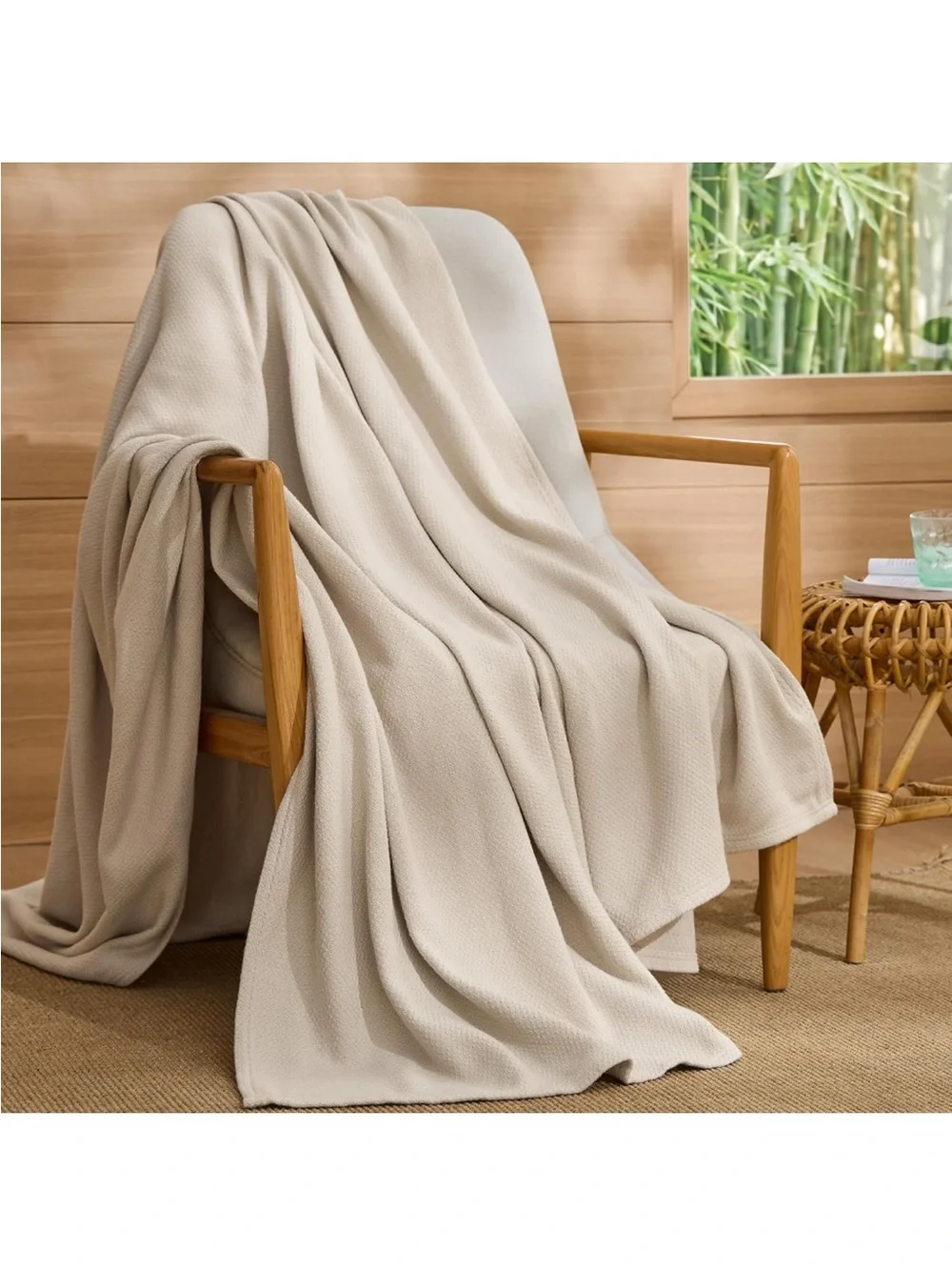 NEW Bedsure 100% Cotton Blanket, Herringbone Weave, Throw XL, Linen Beige